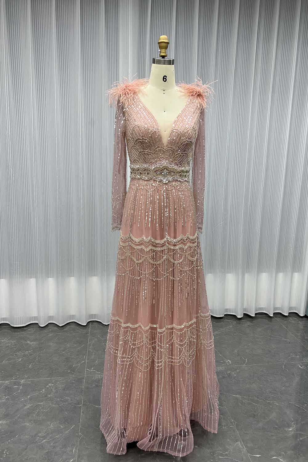 YQLNNE 17007 Muslim Feathers Evening Dress Long Sleeve Women Party Gown