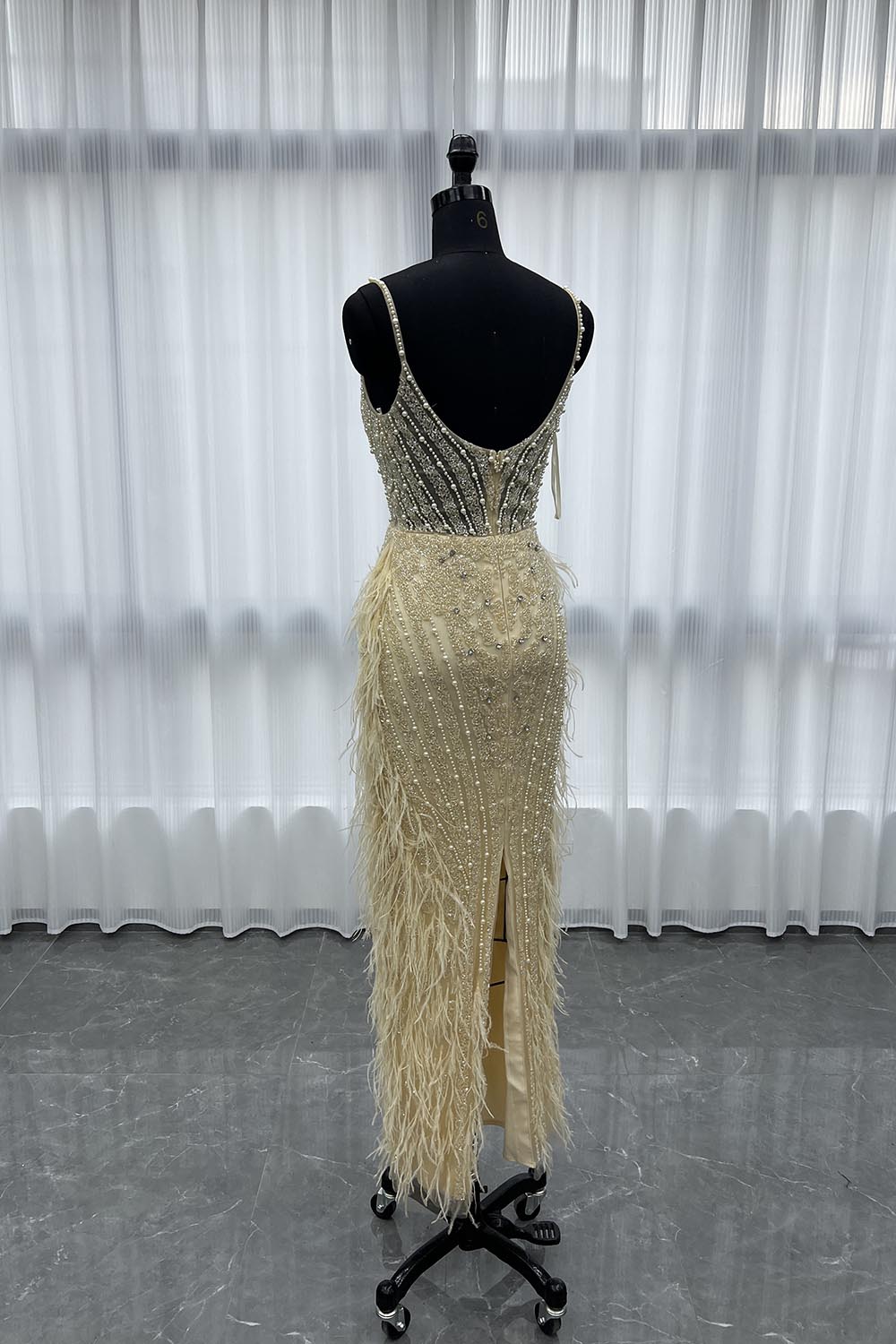 YQLNNE 030 White Feathers Crystals Evening Dress Tea-Length Beaded Gown