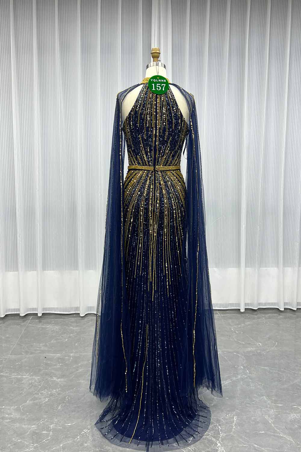 YQLNNE 0157 Navy High Collar Evening Dress With Handmade Crystals Beaded