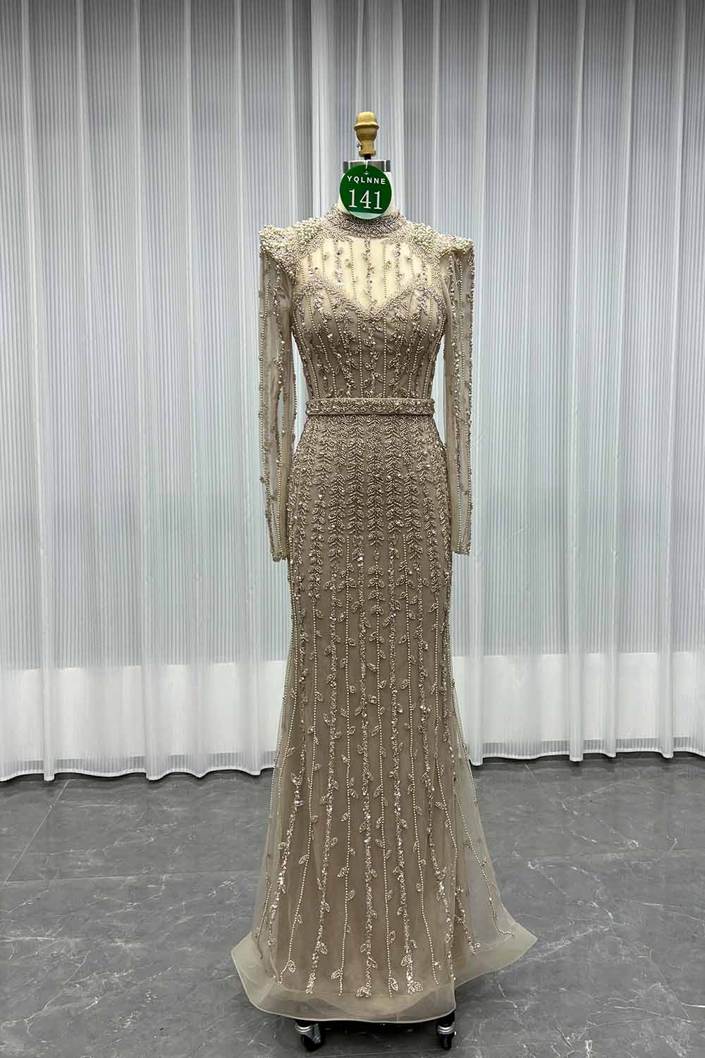 YQLNNE 0141 Modest Pink Full Sleeves Evening Dress Handmade Beaded Pearls Muslim Formal Gown