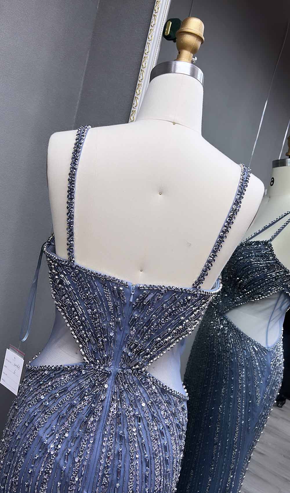 YQLNNE 041 Blue Crystals Evening Dress Straps Mermaid Formal Party Gown
