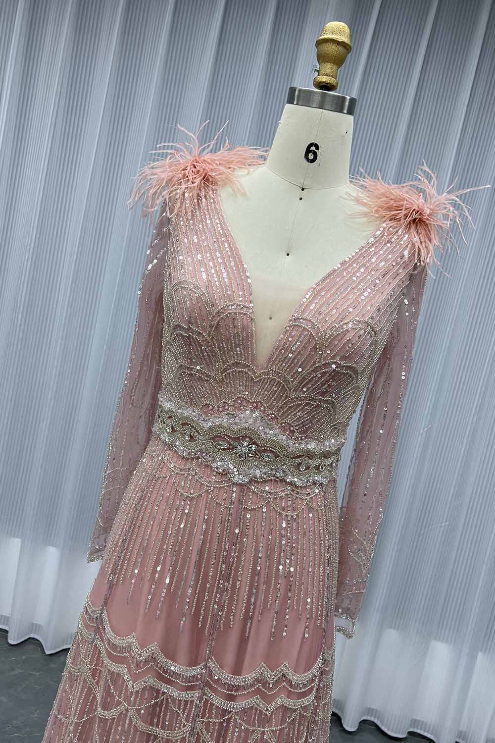 YQLNNE 17007 Muslim Feathers Evening Dress Long Sleeve Women Party Gown