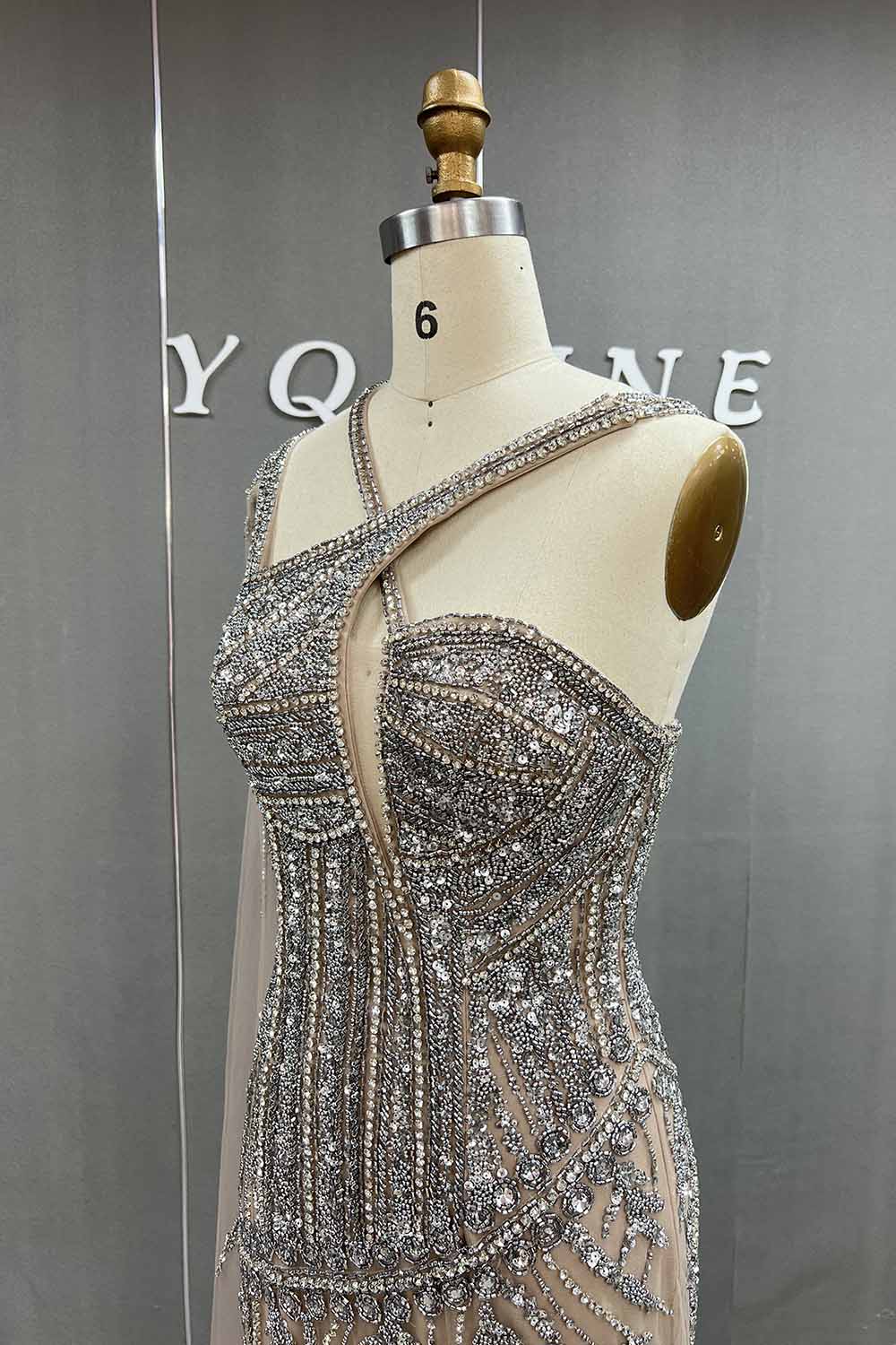 YQLNNE 0139 Luxury Silver Nude Diamonds Evening Gown Pageant Dress