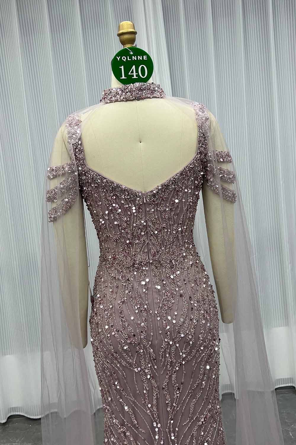 YQLNNE 0140 Nude Off Shoulder Crystals Beaded Evening Dress With Removable Shawl