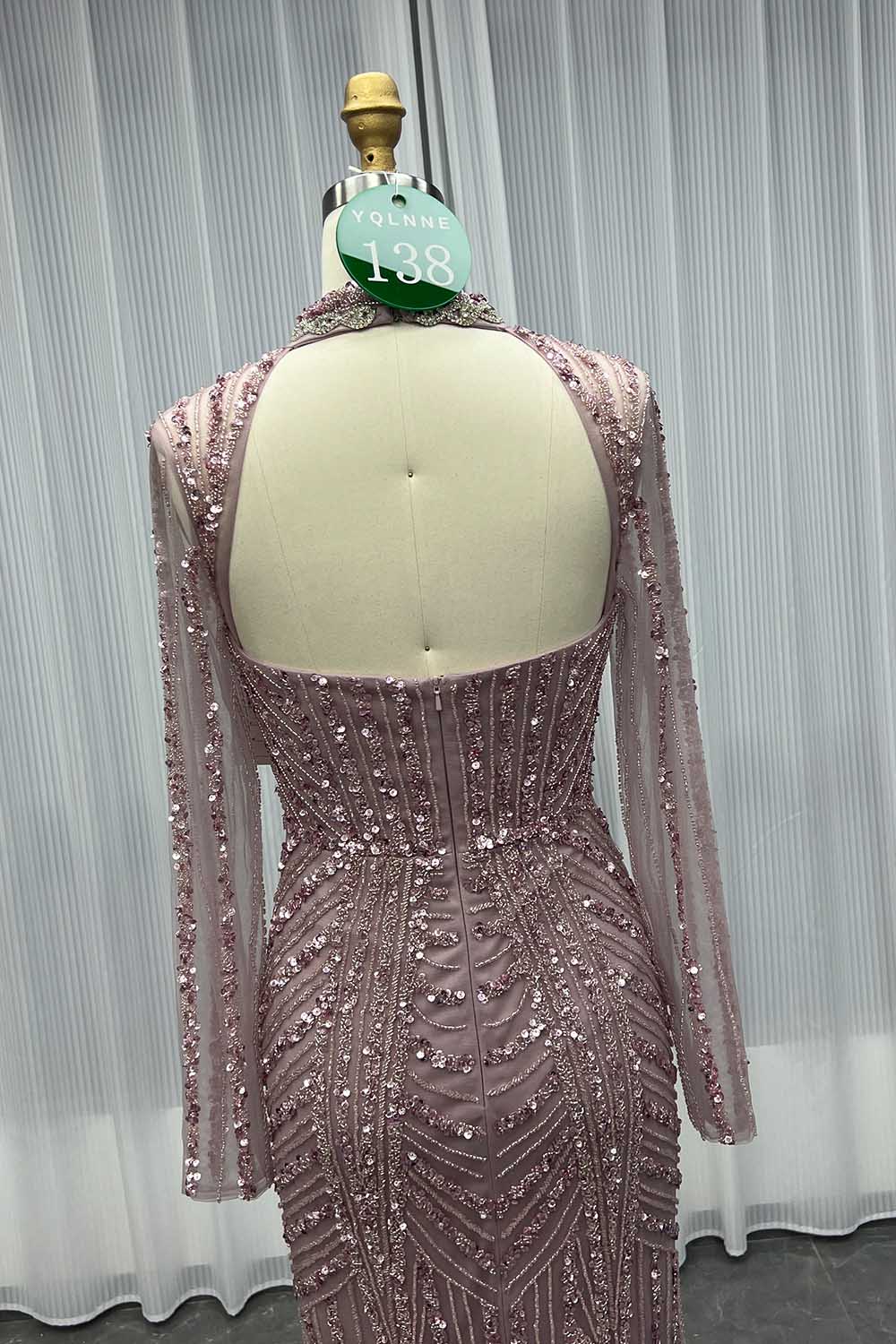 YQLNNE 0138 Pink Long Sleeves Evening Dress Handmade Heavy Crystals Beaded