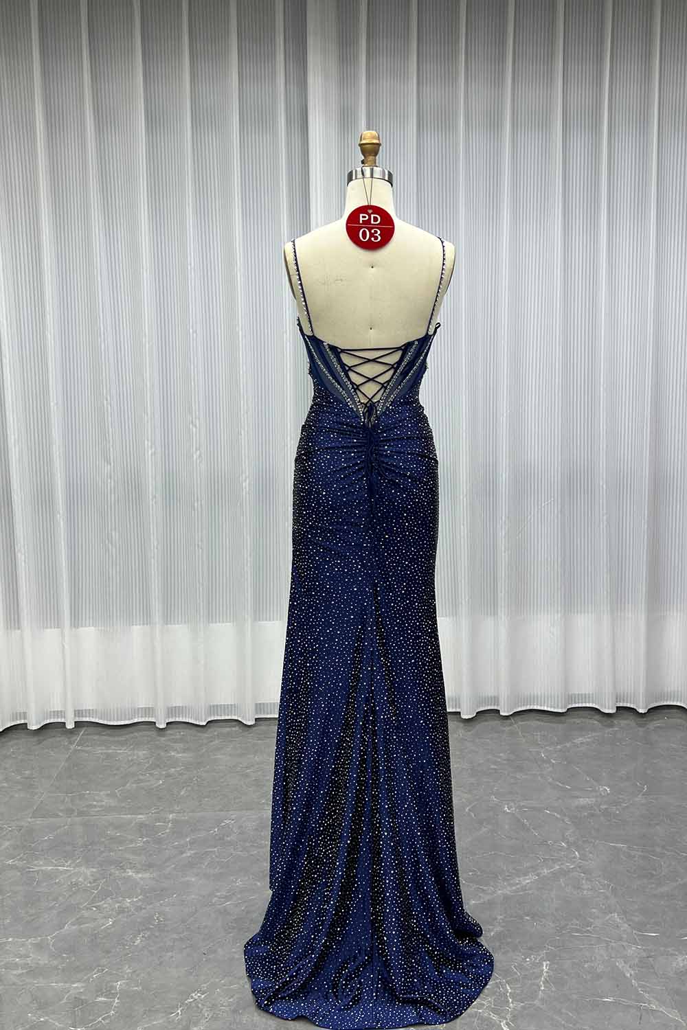 YQLNNE PD03 Navy Crystals Long Prom Dresses Satin Straps