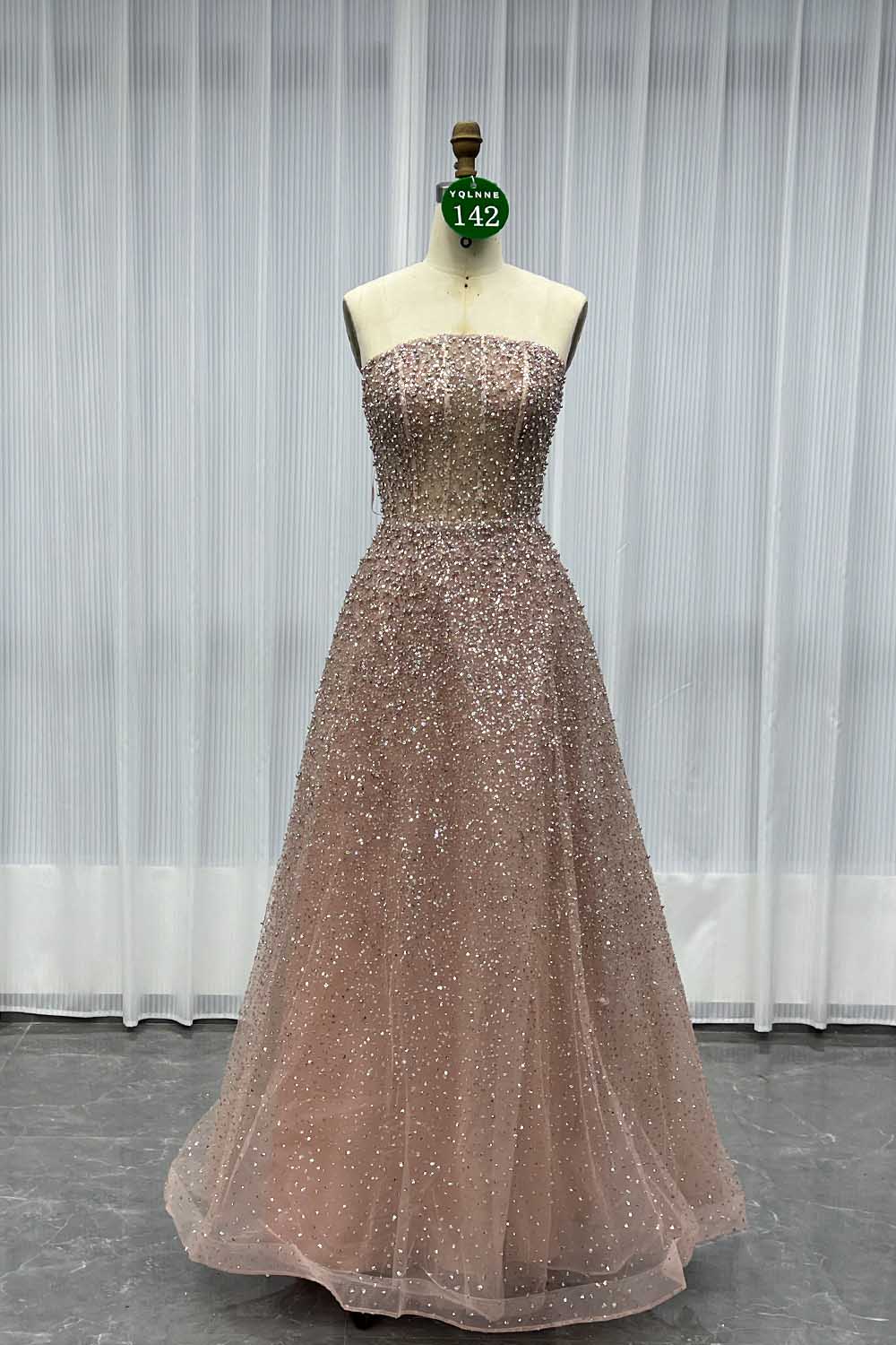 YQLNNE 0142 Rose Gold Ball Gown Evening Dress With Removable Cape Handmade Crystals Beaded