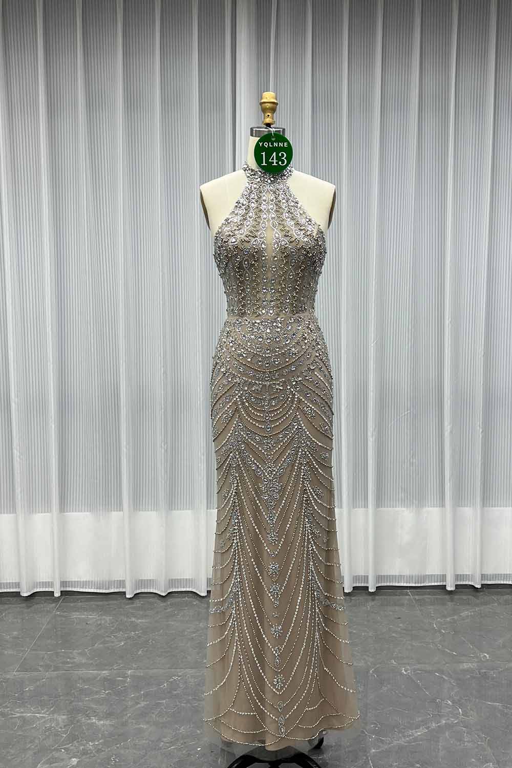 YQLNNE 0143 Red Crystals Beaded Evening Dress Halter Lace-up Back