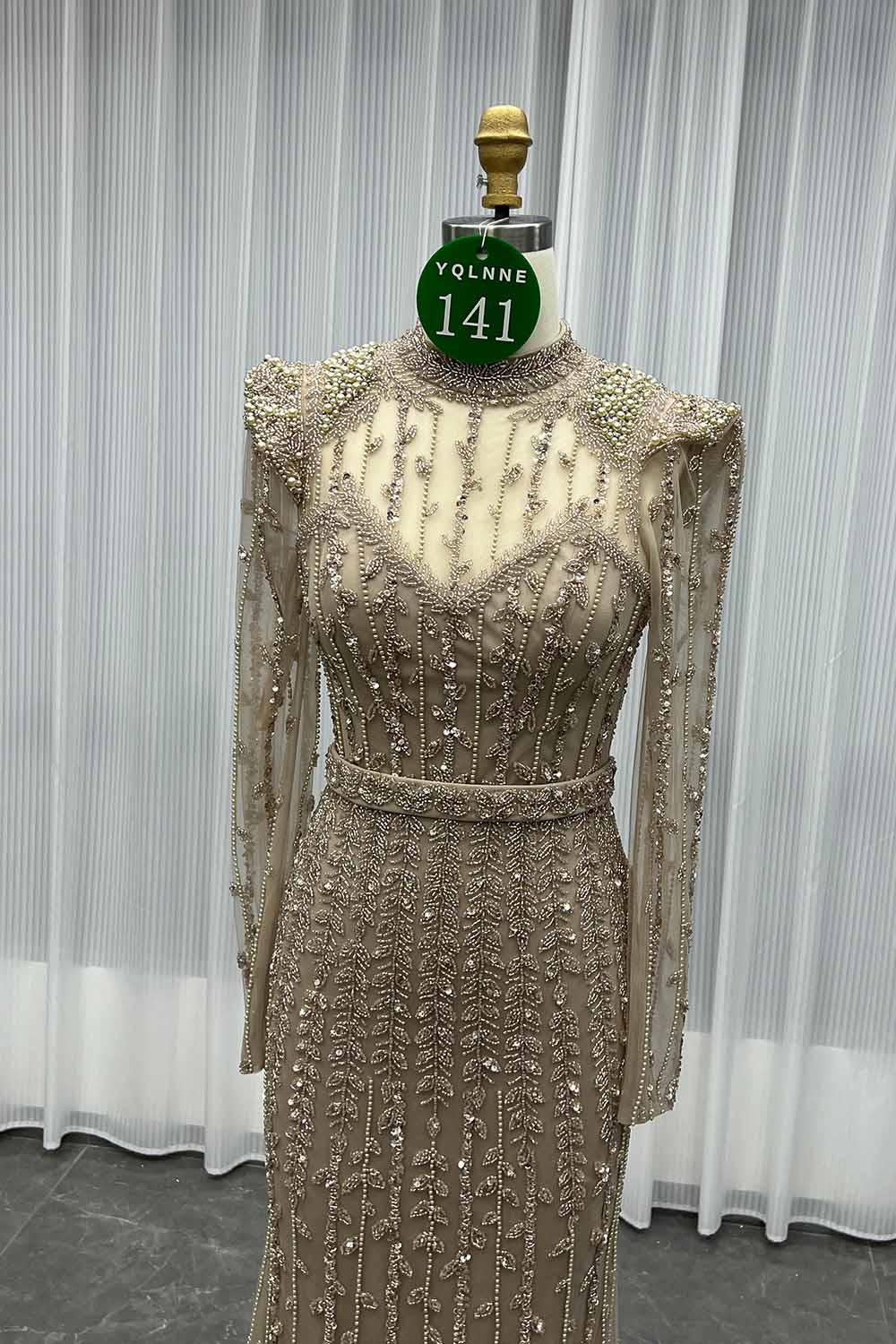 YQLNNE 0141 Modest Pink Full Sleeves Evening Dress Handmade Beaded Pearls Muslim Formal Gown