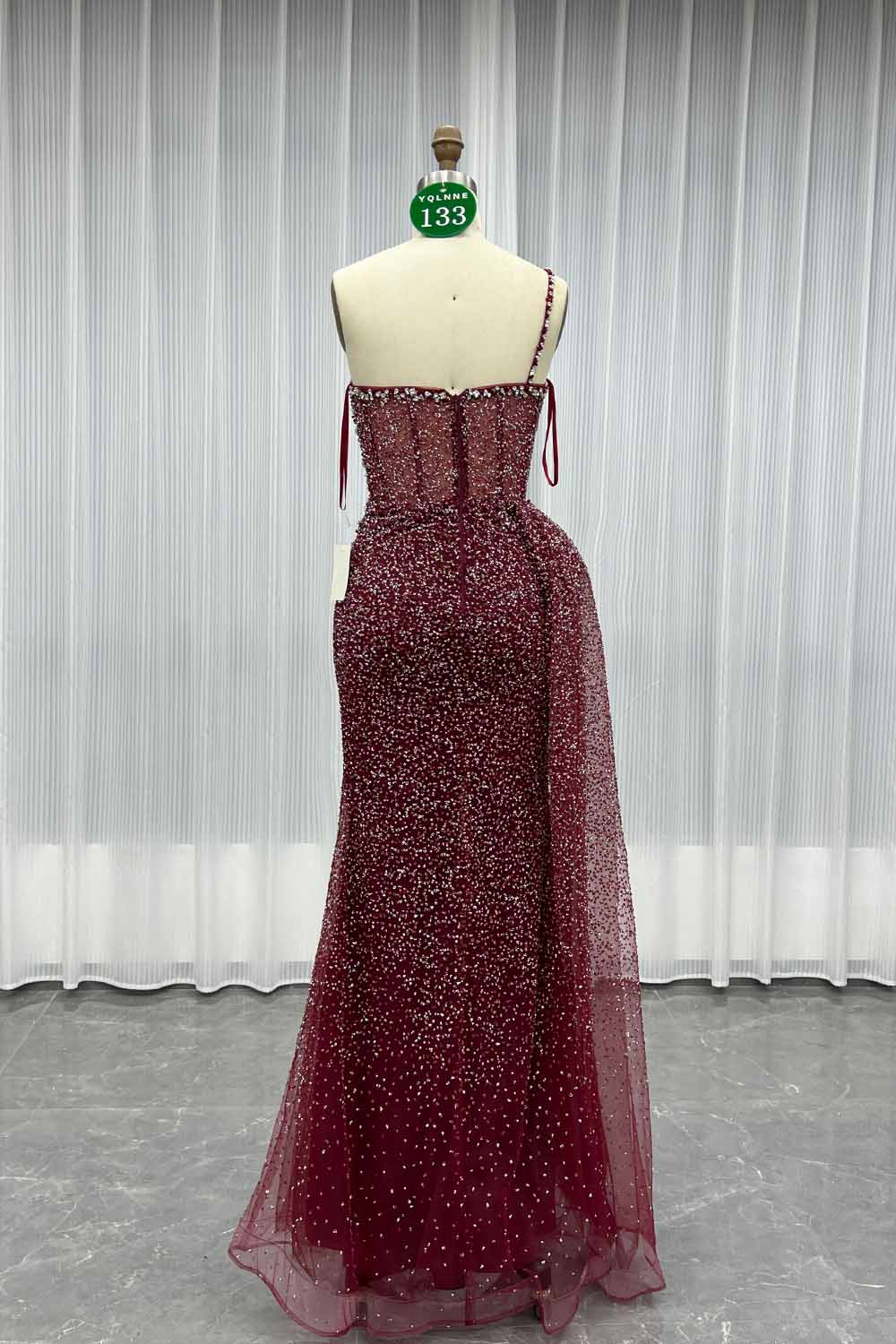 YQLNNE 0133 Rose Gold One Shoulder Crystals Evening Dress With Side Skirt