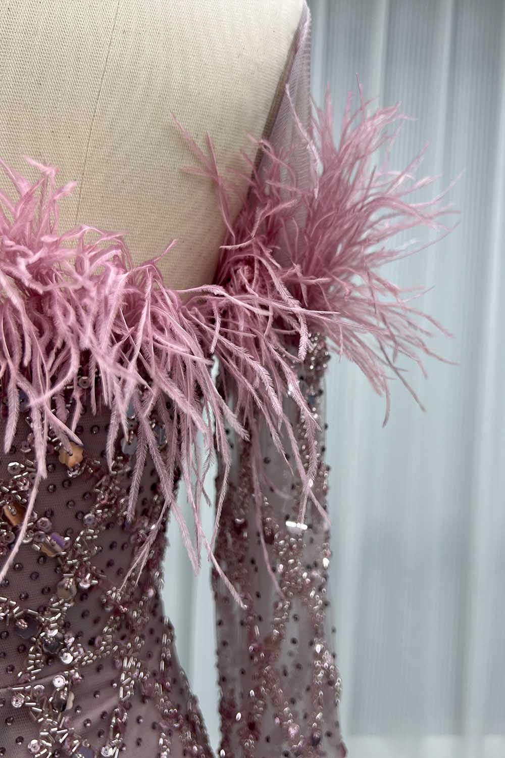 YQLNNE 0139 Nude Feathers Beaded Evening Dress With Sleeves
