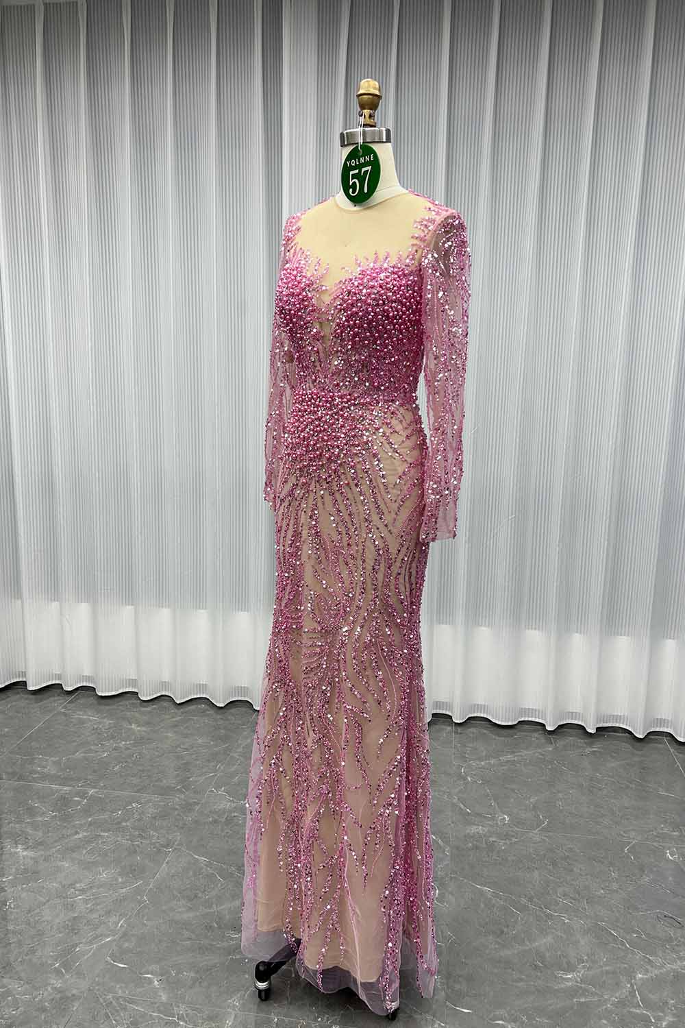 YQLNNE 057 Modest White Pearls Long Sleeves Evening Dress Wedding Party Gown