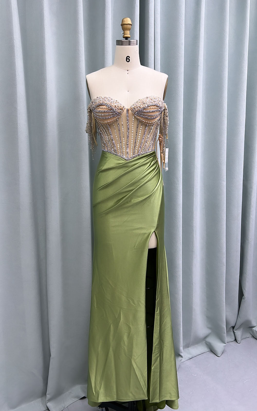 YQLNNE 010 Blue Satin Crystals Prom Dresses Long Slit Off the Shoulder Evening Party Gown