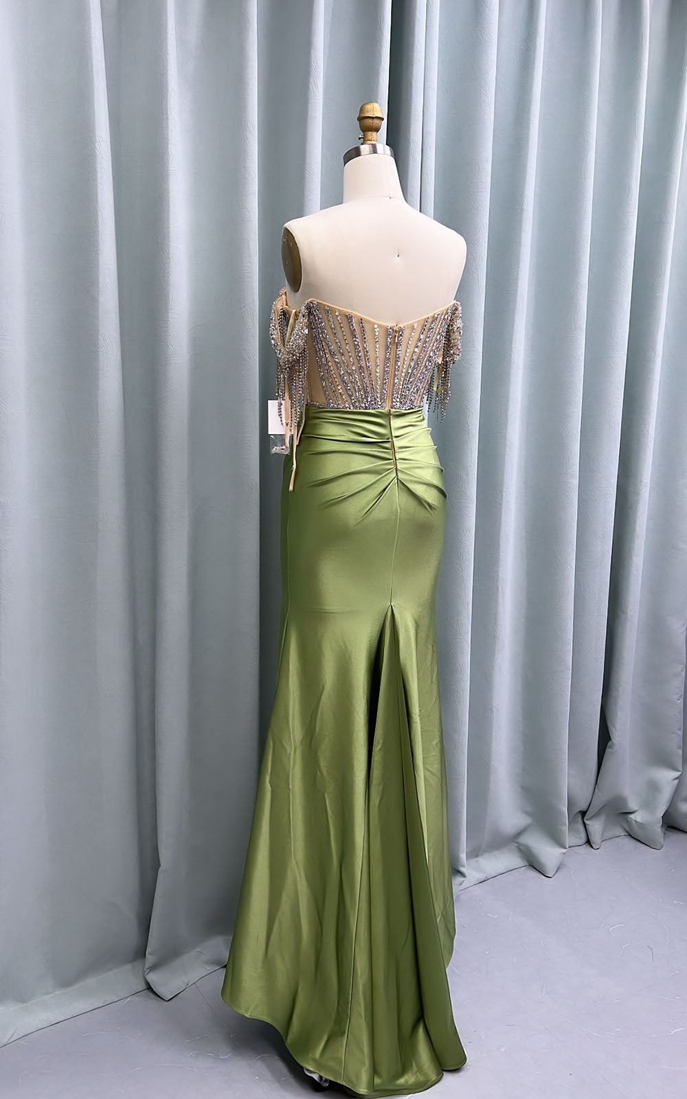 YQLNNE 010 Blue Satin Crystals Prom Dresses Long Slit Off the Shoulder Evening Party Gown