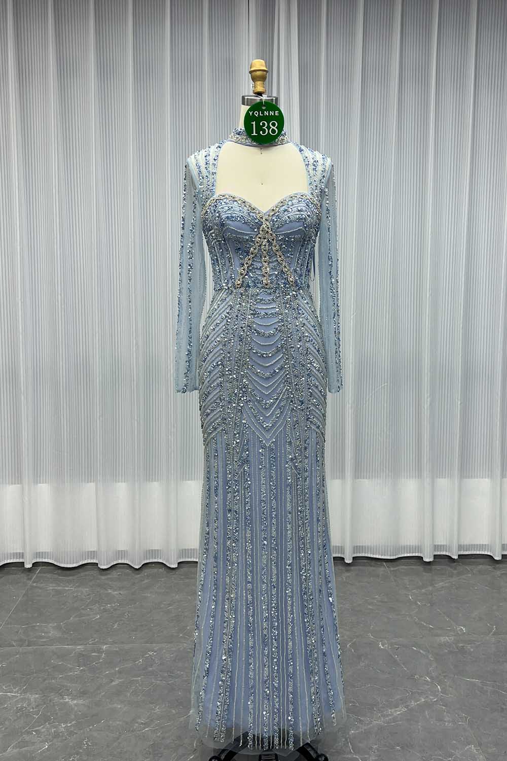 YQLNNE 0138 Pink Long Sleeves Evening Dress Handmade Heavy Crystals Beaded