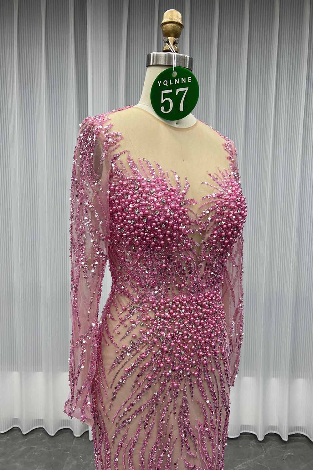 YQLNNE 057 Modest White Pearls Long Sleeves Evening Dress Wedding Party Gown