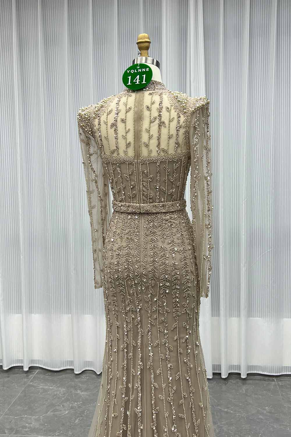 YQLNNE 0141 Modest Pink Full Sleeves Evening Dress Handmade Beaded Pearls Muslim Formal Gown