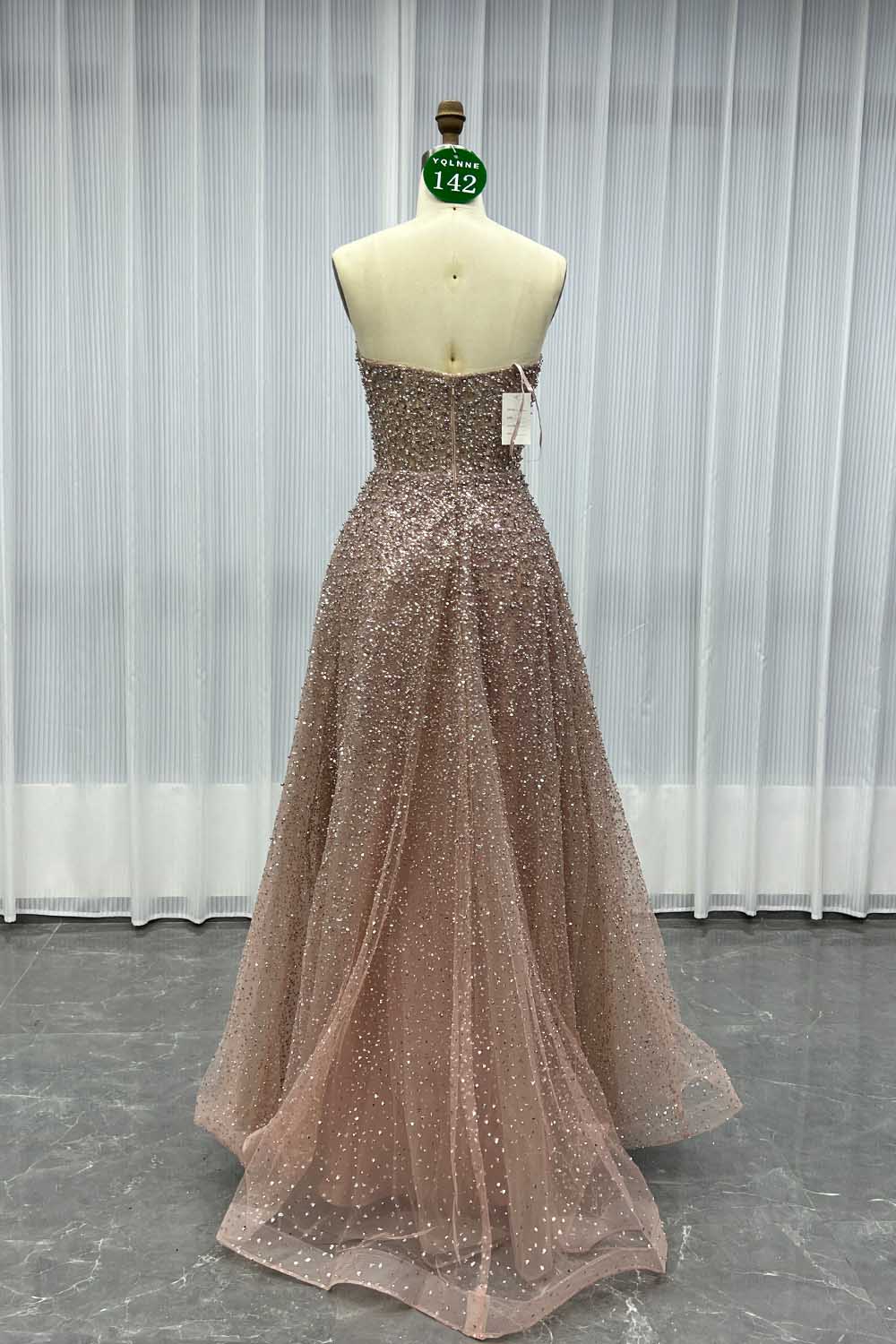 YQLNNE 0142 Rose Gold Ball Gown Evening Dress With Removable Cape Handmade Crystals Beaded