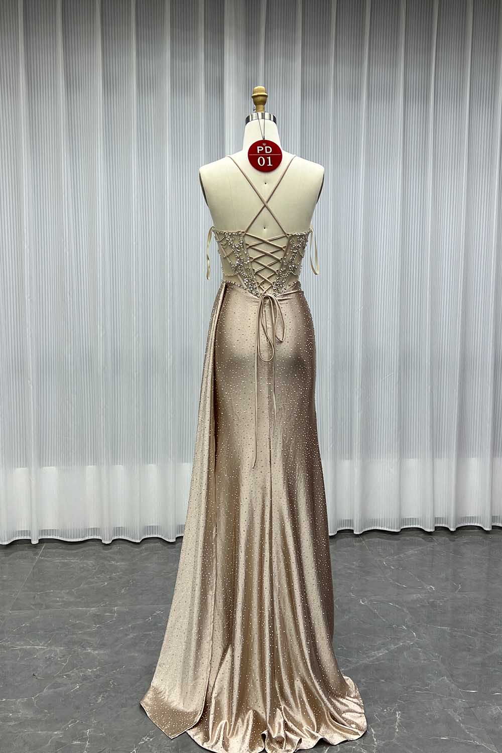 YQLNNE PD01 Champagne Straps Crystals Long Prom Dresses Lace-up Back