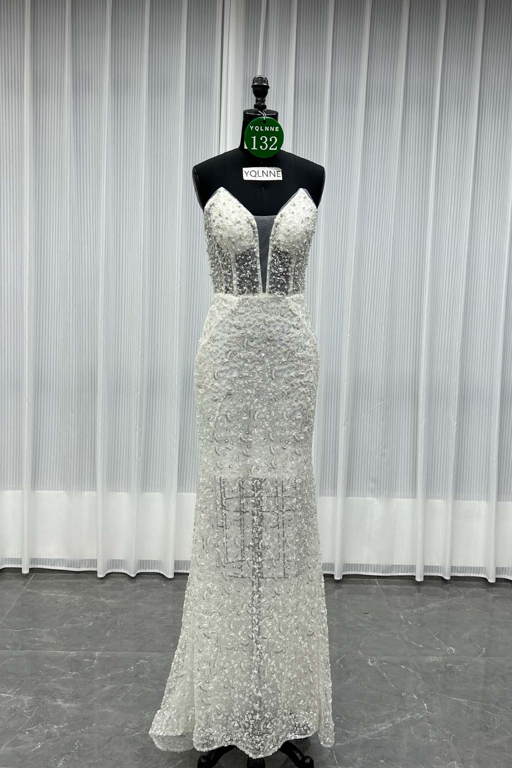YQLNNE 0132 Black Strapless Beaded Evening Dress With Removable Shawl