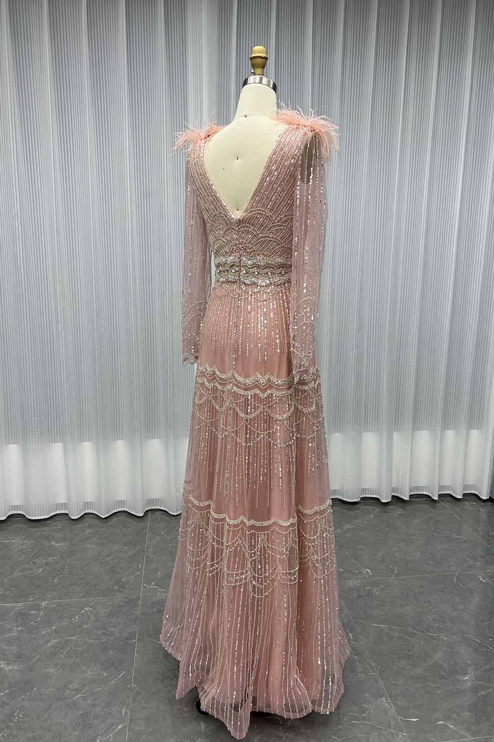 YQLNNE 17007 Muslim Feathers Evening Dress Long Sleeve Women Party Gown