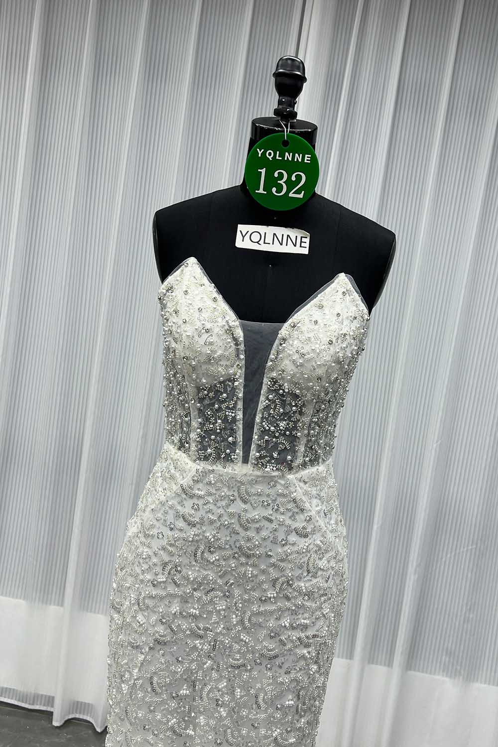 YQLNNE 0132 Black Strapless Beaded Evening Dress With Removable Shawl