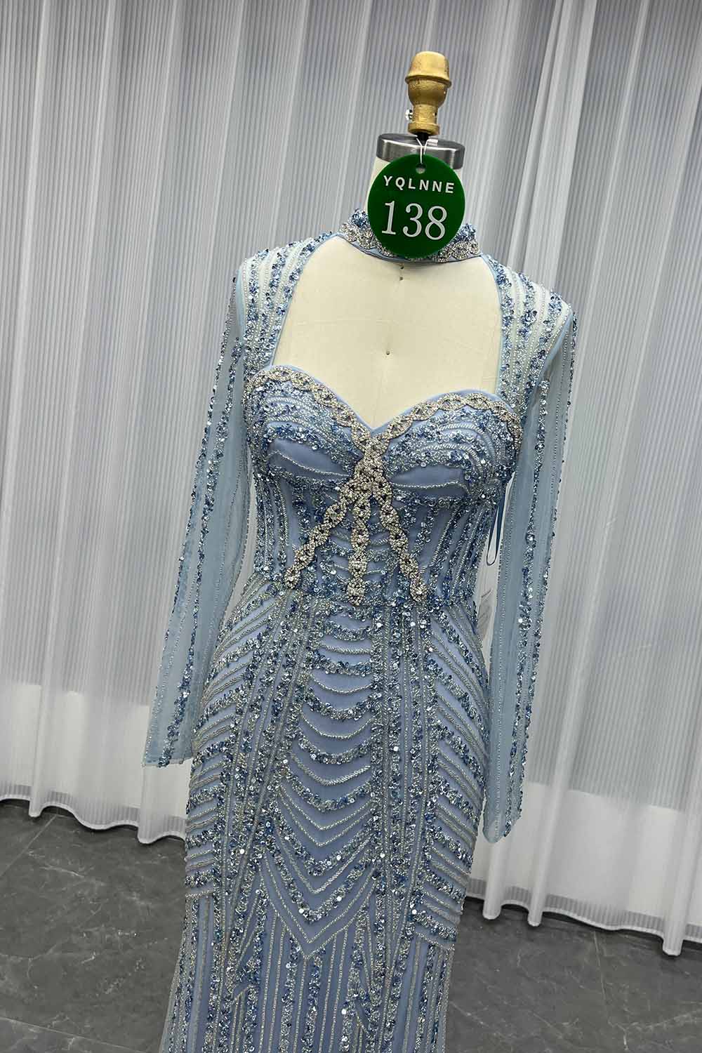 YQLNNE 0138 Pink Long Sleeves Evening Dress Handmade Heavy Crystals Beaded