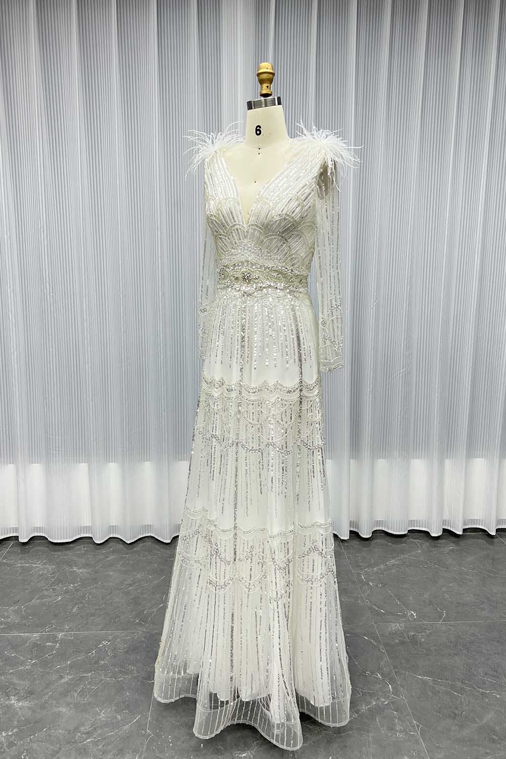 YQLNNE 17007 Muslim Feathers Evening Dress Long Sleeve Women Party Gown