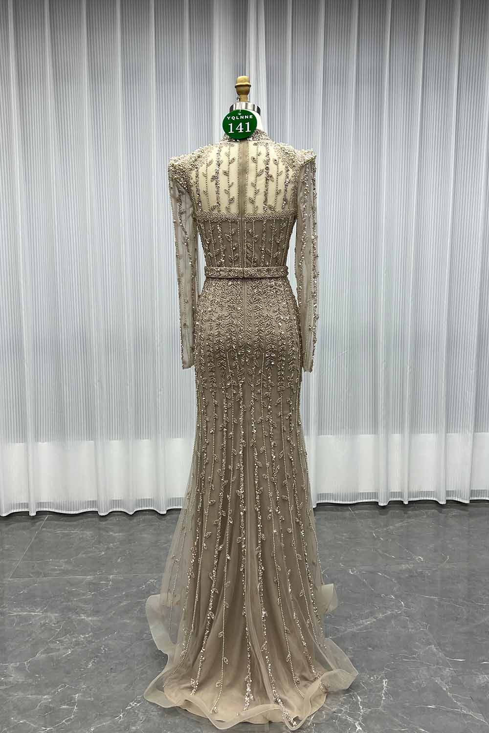 YQLNNE 0141 Modest Pink Full Sleeves Evening Dress Handmade Beaded Pearls Muslim Formal Gown