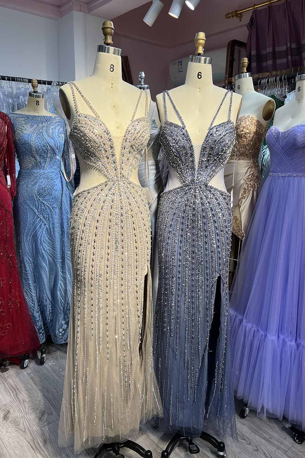 YQLNNE 041 Blue Crystals Evening Dress Straps Mermaid Formal Party Gown