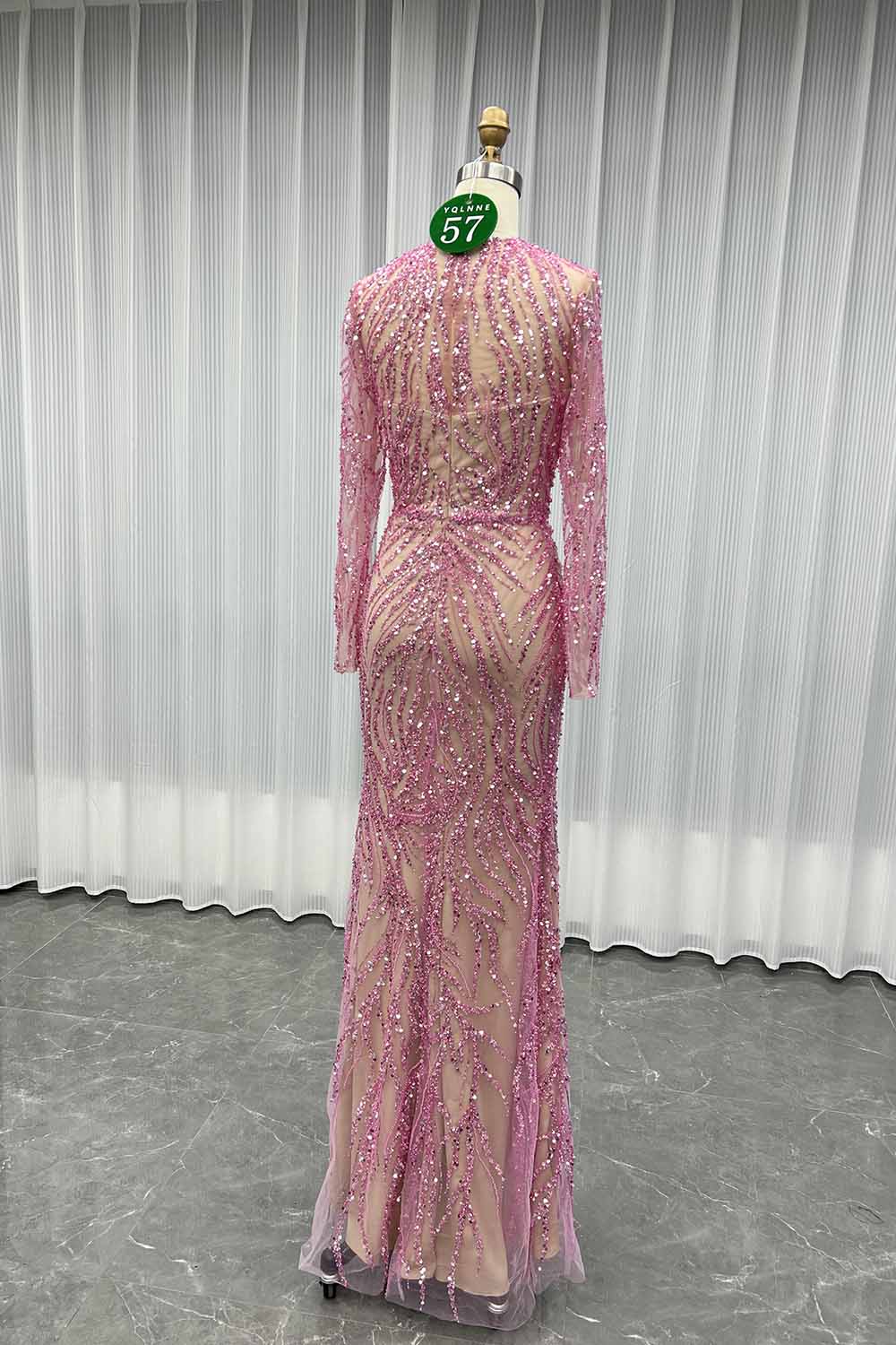 YQLNNE 057 Modest White Pearls Long Sleeves Evening Dress Wedding Party Gown