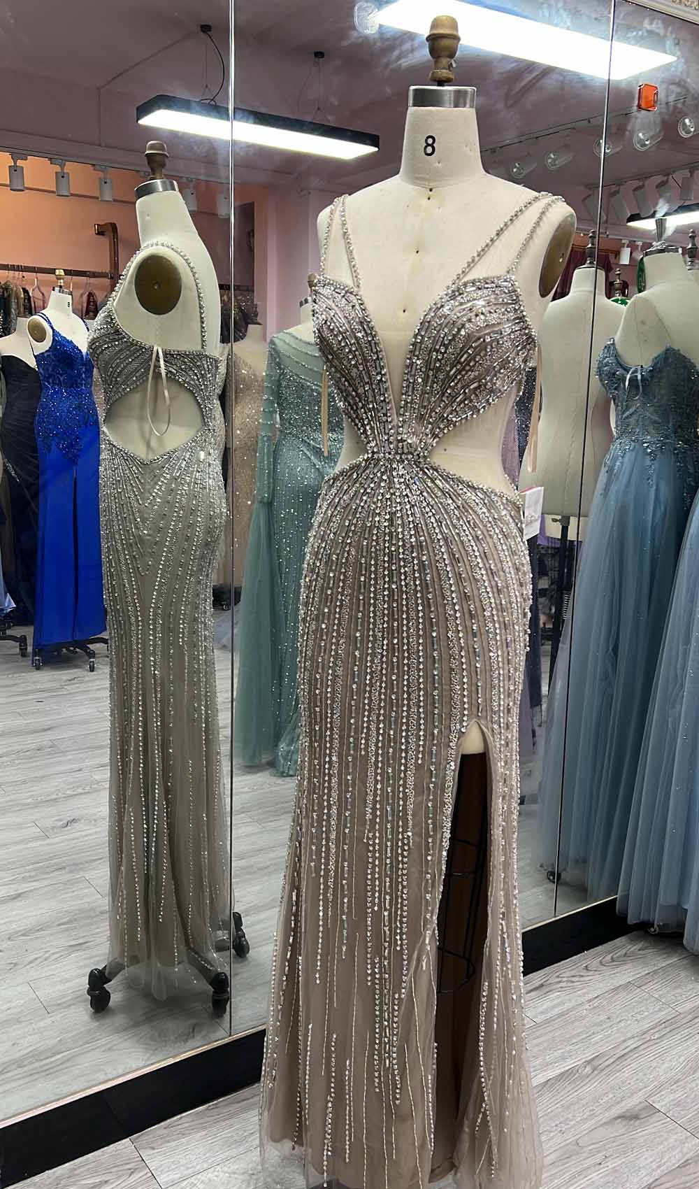 YQLNNE 041 Blue Crystals Evening Dress Straps Mermaid Formal Party Gown