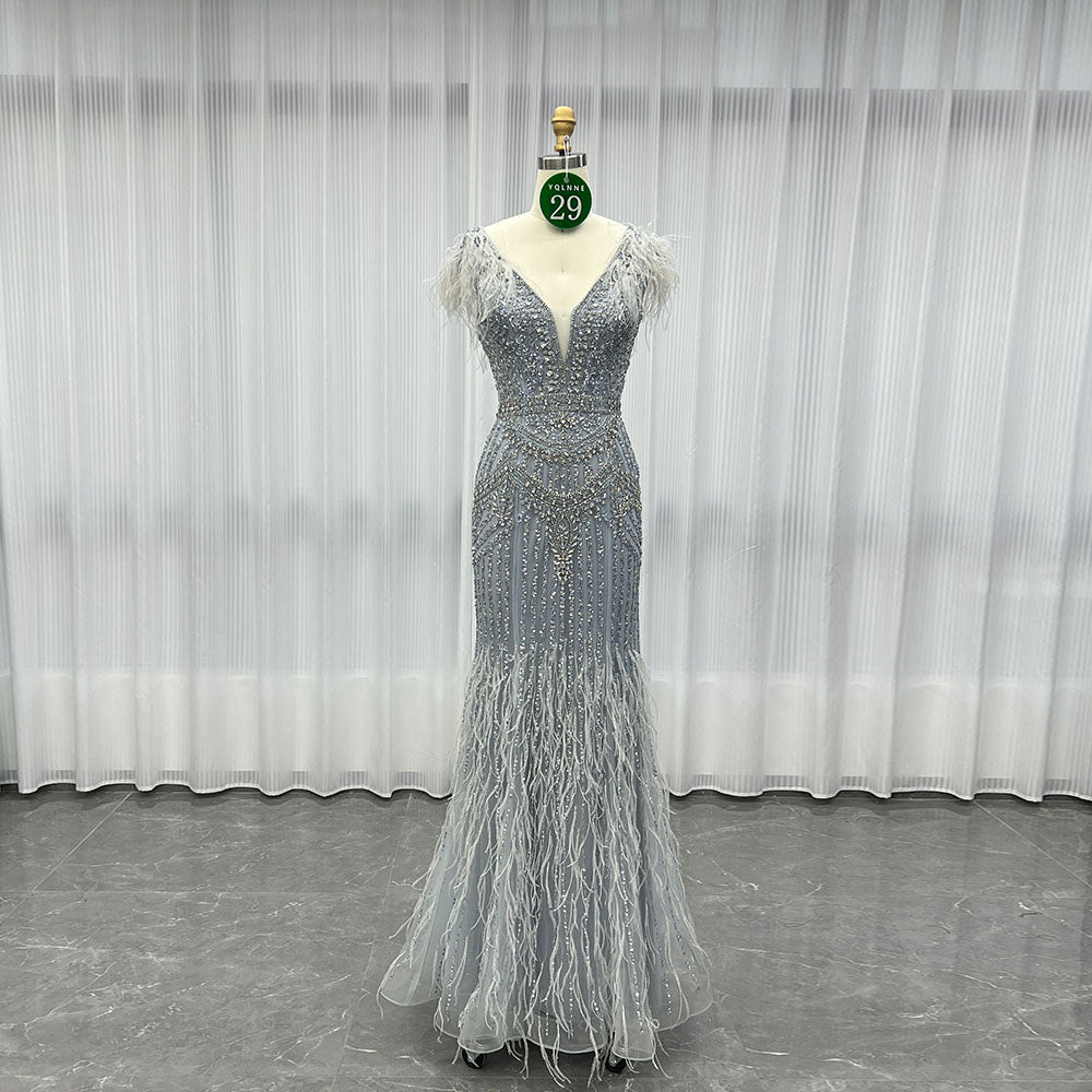 YQLNNE 029 Light Blue Feathers Evening Dress Handmade Crystals Beaded