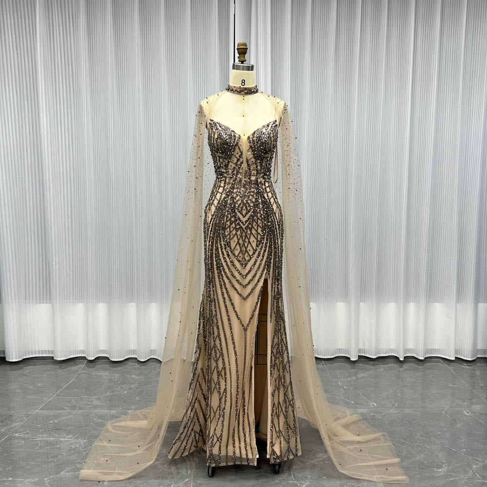 YQLNNE 17009 Silver Straps Long Evening Dress With Cape