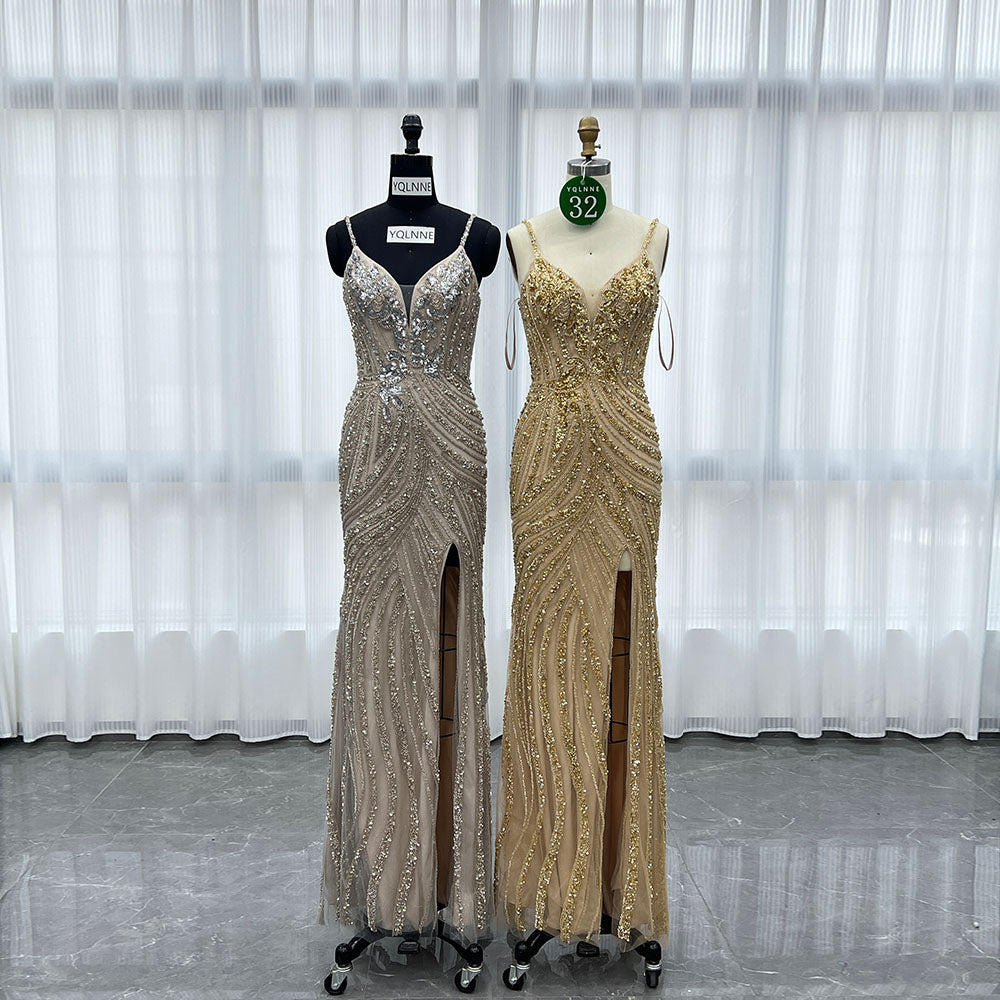 YQLNNE 032 Gold Long Evening Dress Mermaid Handmade Crystals Beaded
