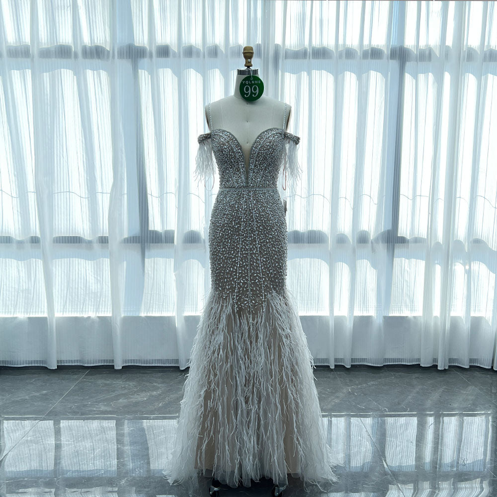 YQLNNE 099 White Feathers Evening Dress Handmade Crystals Beaded Bridal Gown