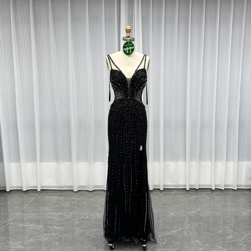 YQLNNE 041 Black Crystals Mermaid Evening Dress With Straps