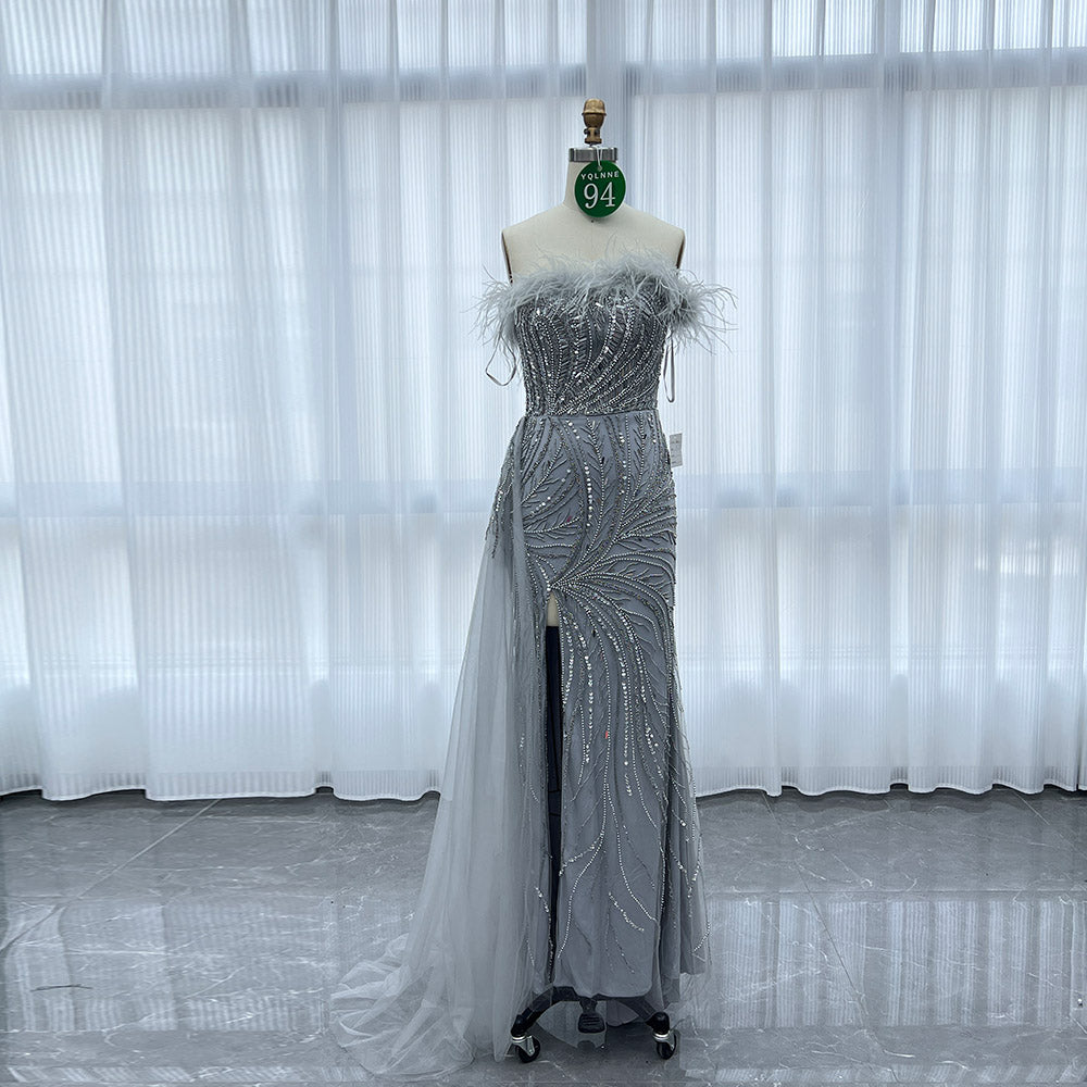 YQLNNE 094 Silver Feathers Beaded Evening Dress Formal Gowns With Removeable Skirt