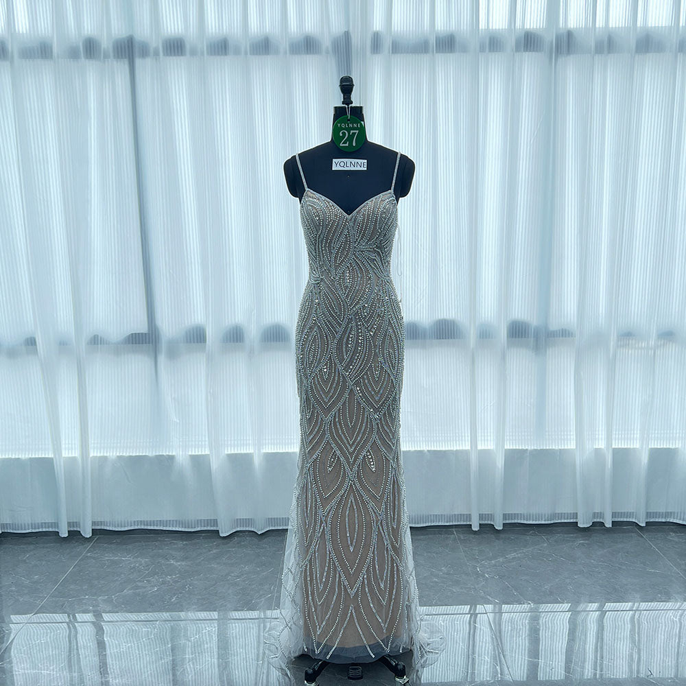 YQLNNE 027 Silver Nude Crystals Pearls Evening Dress Long Mermaid Prom Party Gown