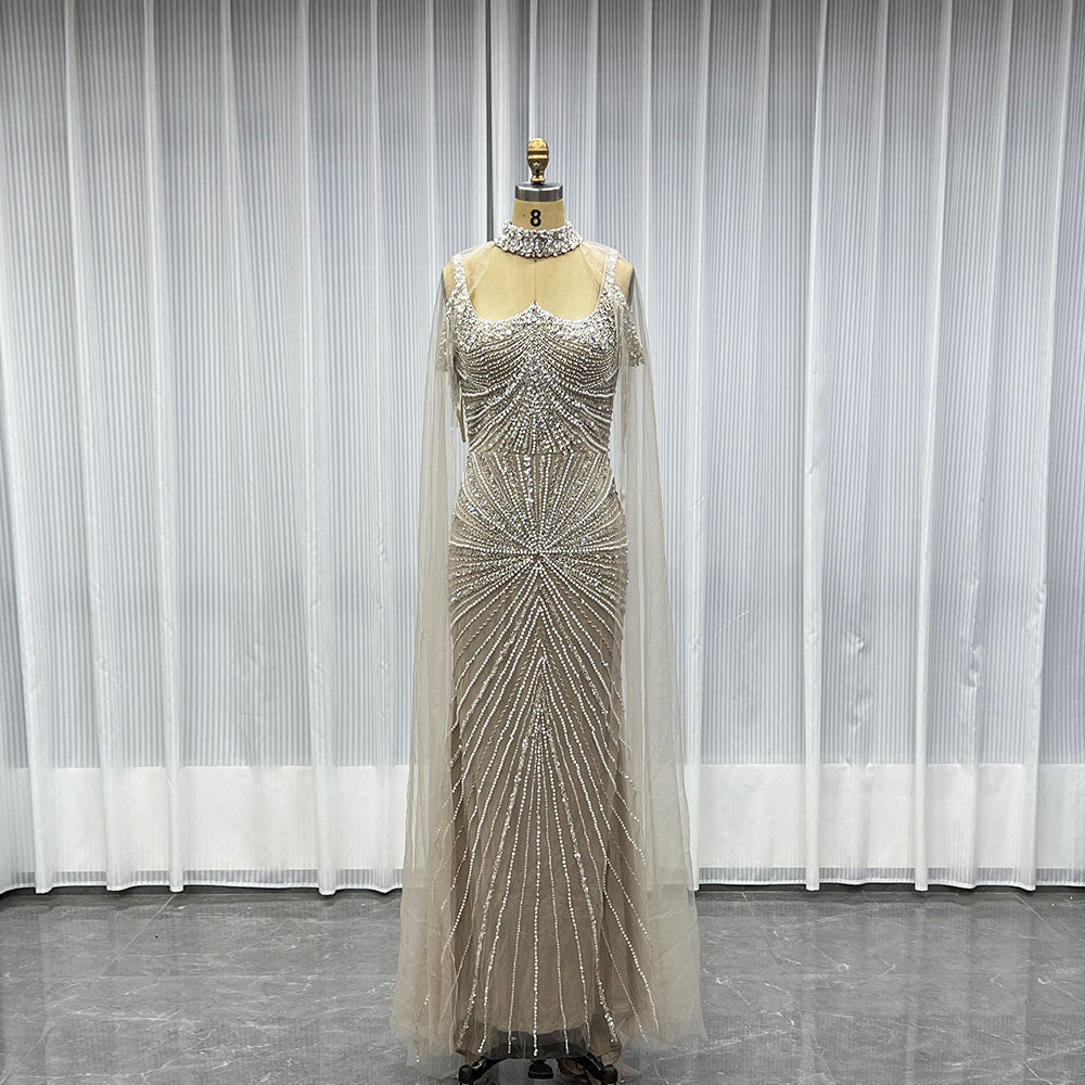 YQLNNE Mocha Crystals Evening Dress Mermaid With Necklace