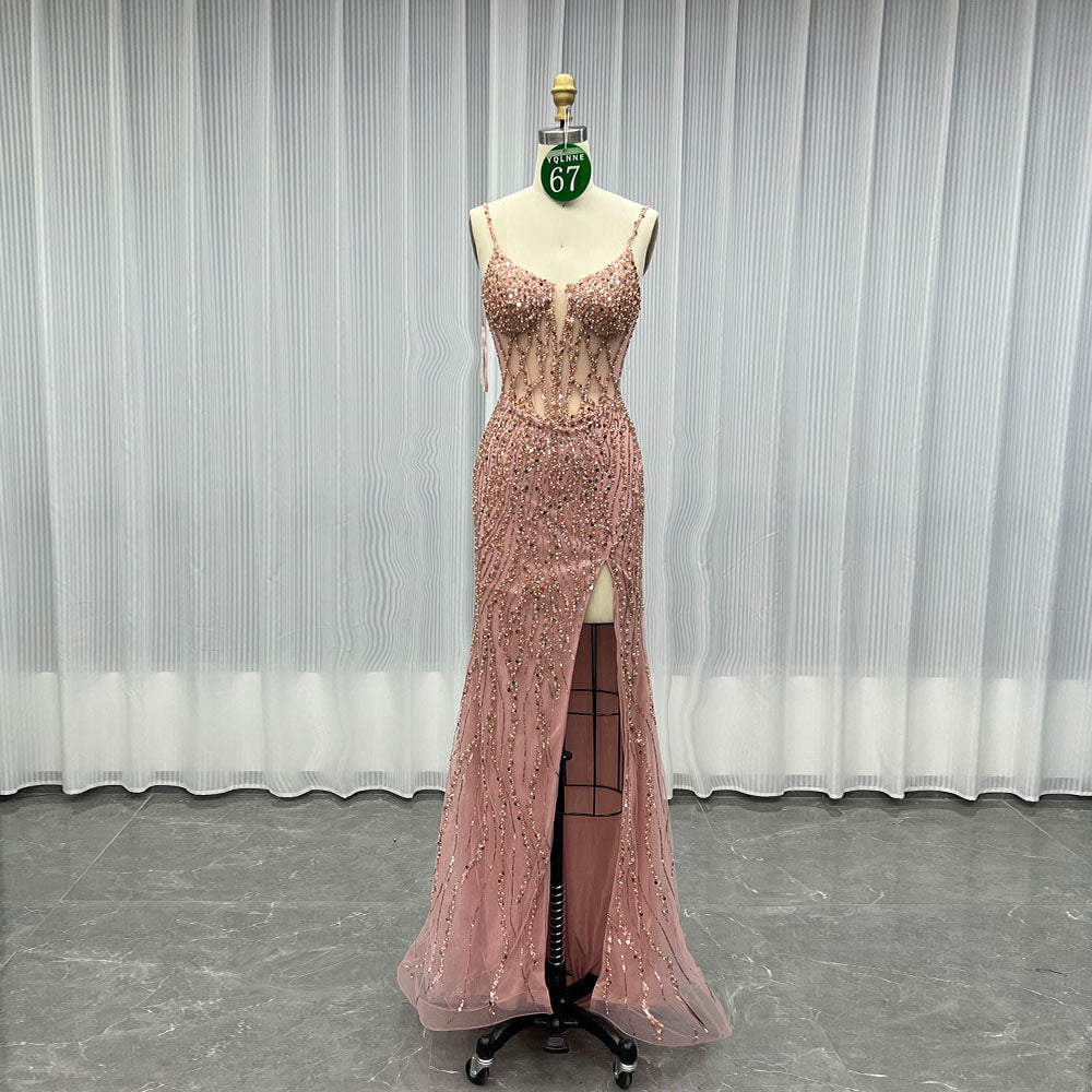 YQLNNE 067 Rose Gold Long Slit Prom Dress Mermaid Party Dress