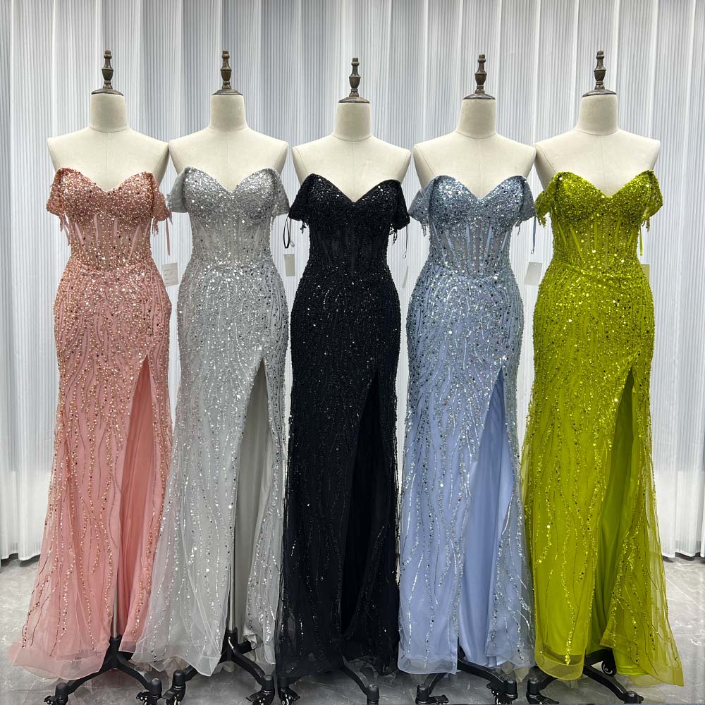 YQLNNE 08 Sliver Off The Shoulder Long Prom Dresses Slit Sequined Beaded Women Party Dress
