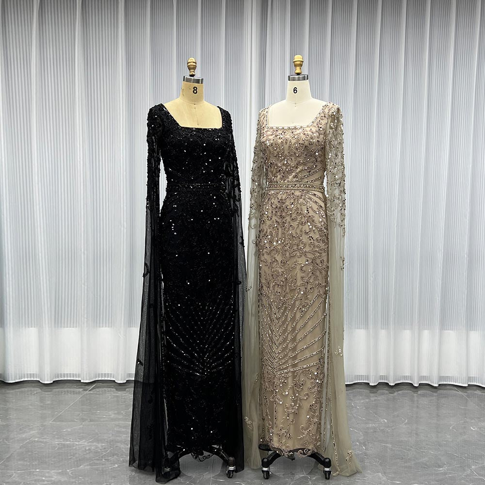 YQLNNE Modest Black Square Collar Crystals Beaded Evening Dress With Long Sleeves