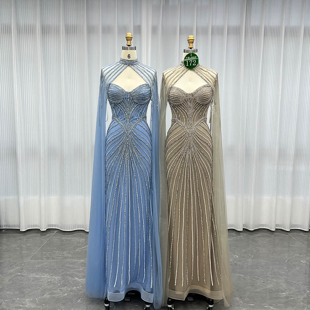 YQLNNE 0172 Blue Crystals Long Evening Dress With Shawl