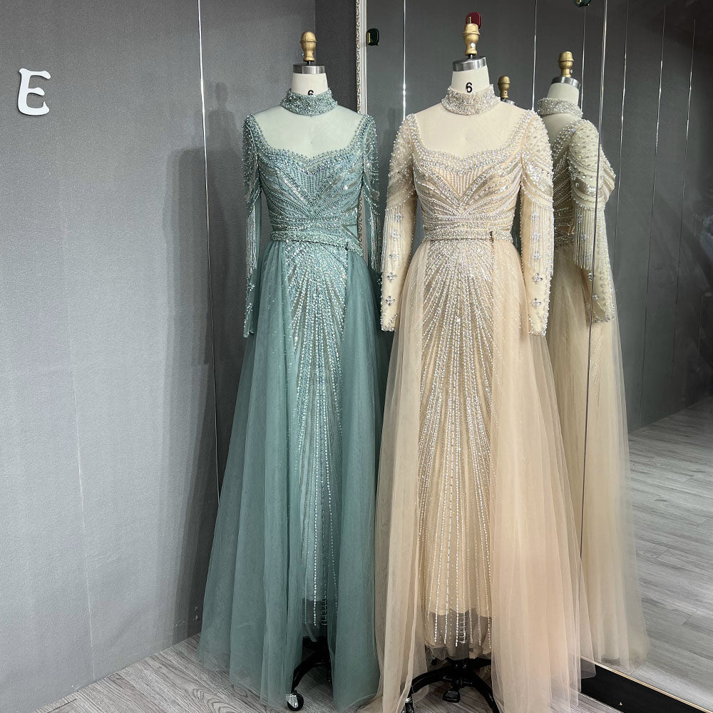 YQLNNE 053 Sage Green Full Sleeves Evening Dress Crystals Beaded Formal Gown