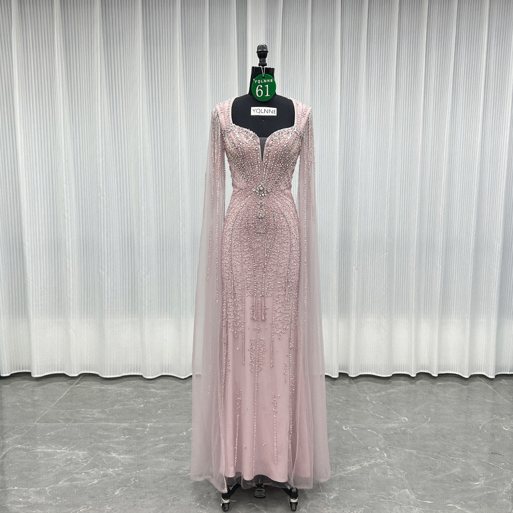 YQLNNE 061 Modest Pink Rhinestones Evening Dress With Shawl