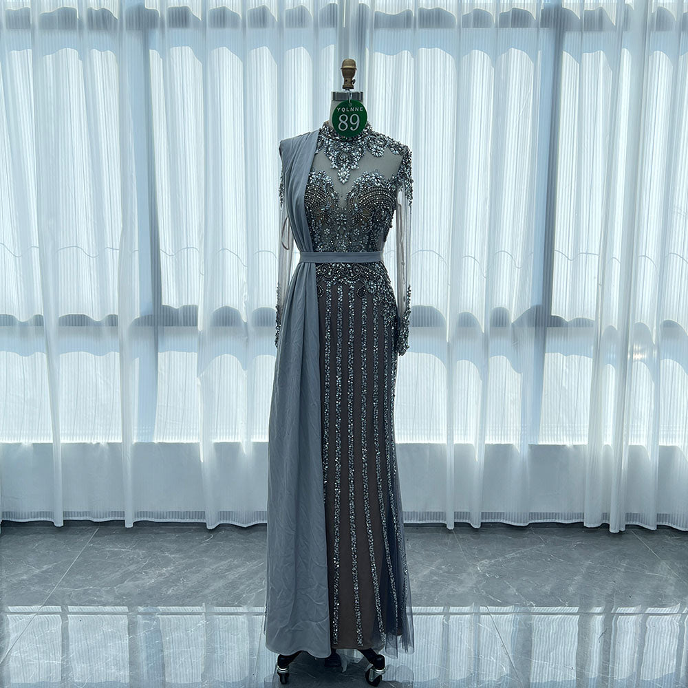 YQLNNE 089 Gray Long Sleeves Evening Dress Handmade Crystals Beaded Formal Gown