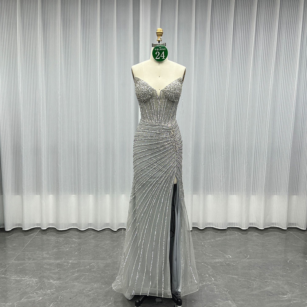 YQLNNE 024 Silver Strapless Crystals Beaded Prom Dresses Long Mermaid Gown