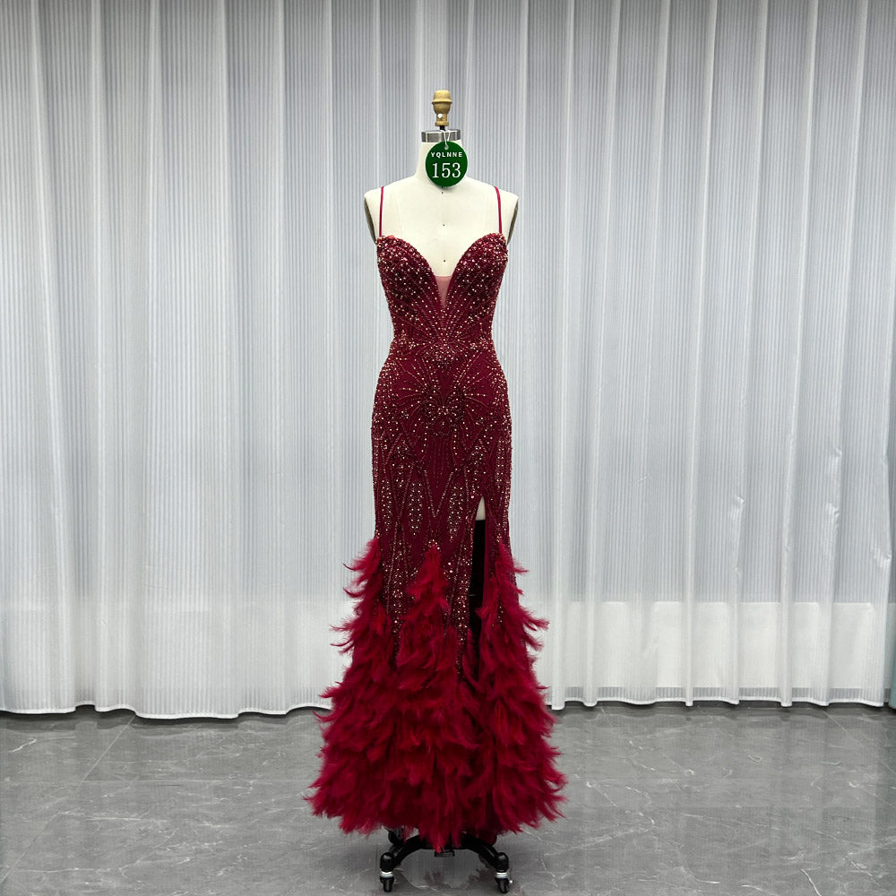 YQLNNE 0153 Burgundy Beading Feathers Evening Dress Long Mermaid Pageant Gown