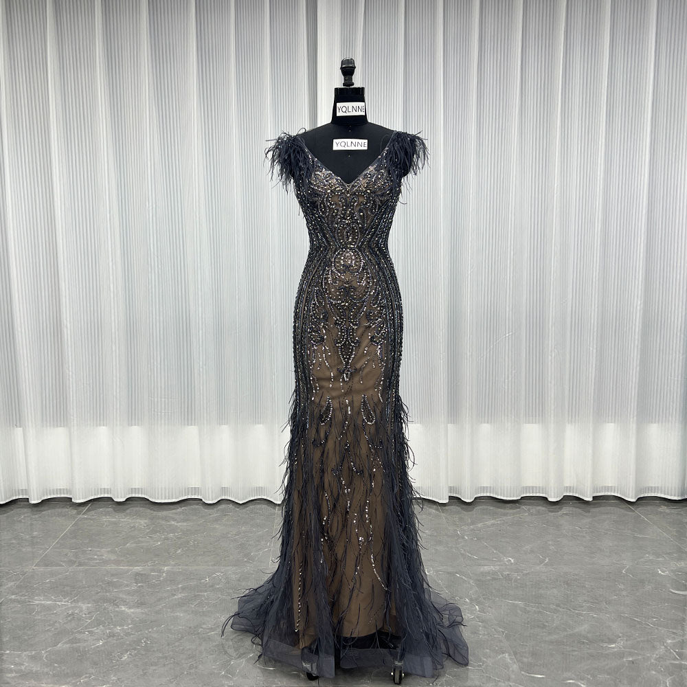 YQLNNE 034 Dark Gray Feathers Crystals Evening Dress Mermaid Pageant Gown